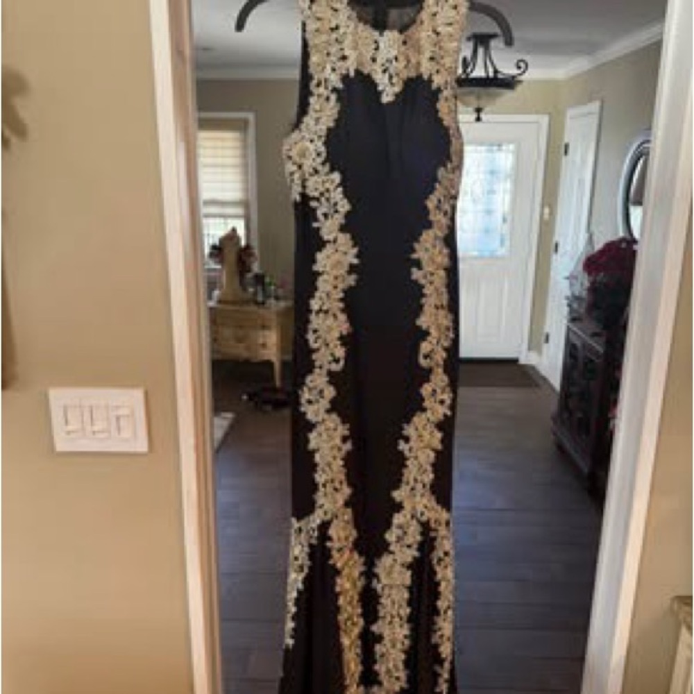 Betsy & Adam Black Dress with Gold Lace